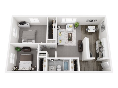 Floor plan for 2 beds, 1 bath, 848 sqft
